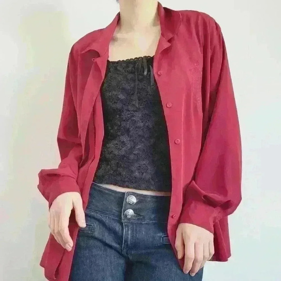 Vintage 90s Liz Moody silky red embroidered puffy long sleeve  button-up shirt - Picture 1 of 14